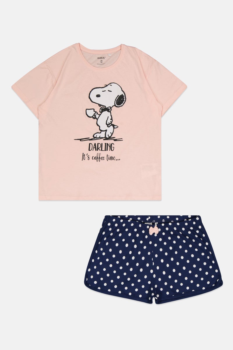 Peanuts Kids Girl 2 Pcs Graphic Print T-Shirt And Shorts Pyjama Set, Multicolor - Image 2